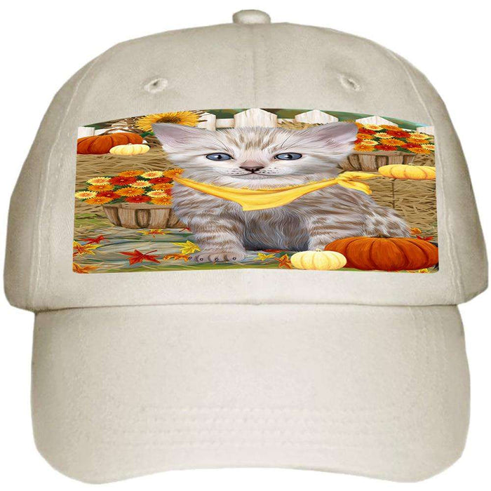 Fall Autumn Greeting Bengal Cat with Pumpkins Ball Hat Cap HAT60654