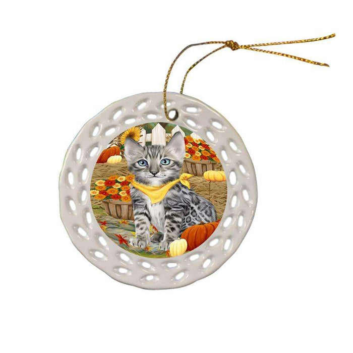 Fall Autumn Greeting Bengal Cat with Pumpkins Ceramic Doily Ornament DPOR52305