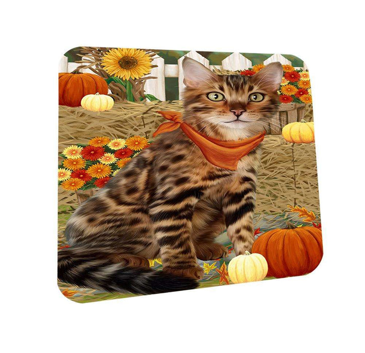 Fall Autumn Greeting Bengal Cat with Pumpkins Coasters Set of 4 CST52263