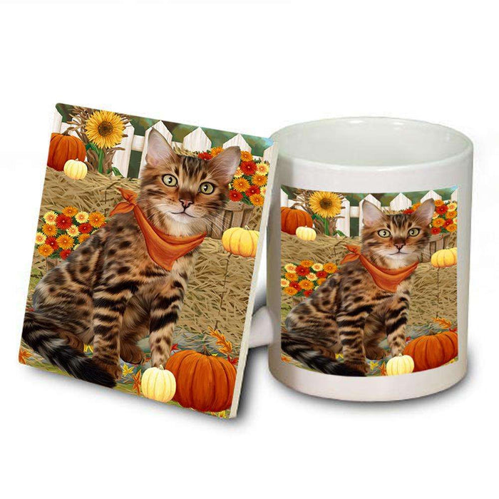 Fall Autumn Greeting Bengal Cat with Pumpkins Mug and Coaster Set MUC52296