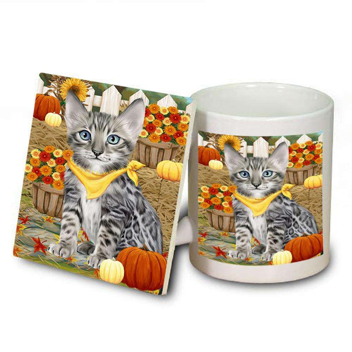 Fall Autumn Greeting Bengal Cat with Pumpkins Mug and Coaster Set MUC52297