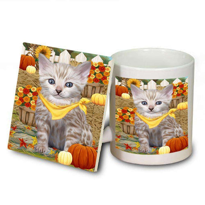 Fall Autumn Greeting Bengal Cat with Pumpkins Mug and Coaster Set MUC52299