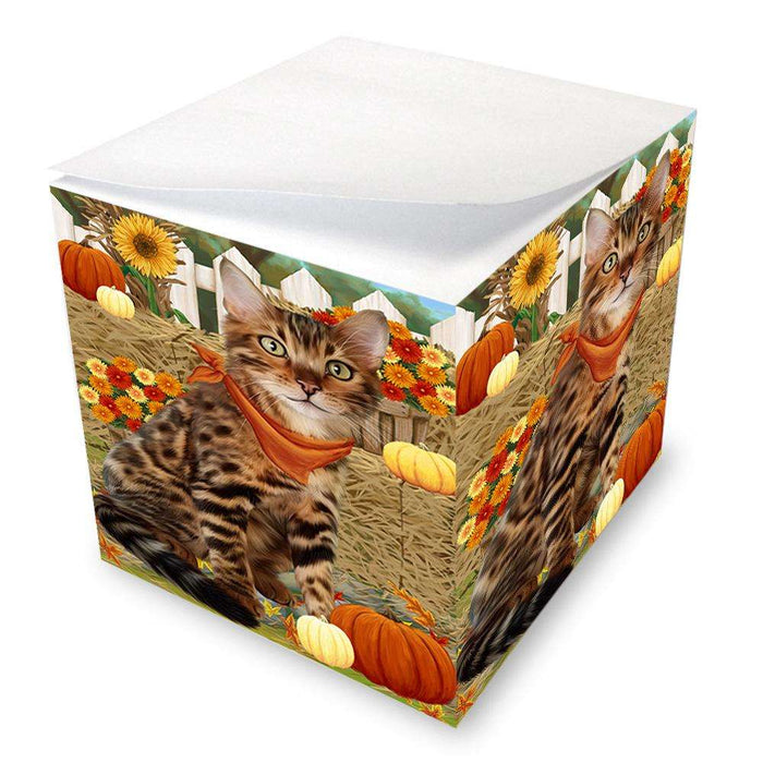 Fall Autumn Greeting Bengal Cat with Pumpkins Note Cube NOC52304