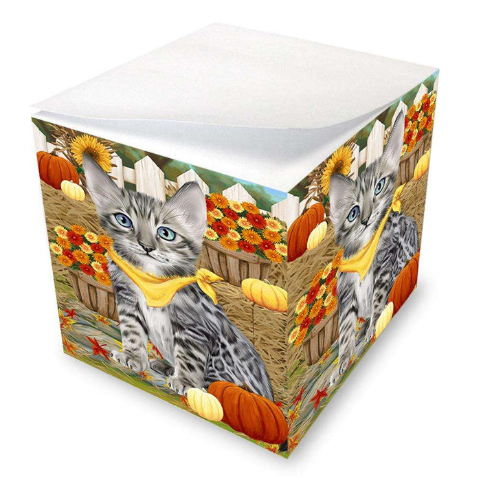 Fall Autumn Greeting Bengal Cat with Pumpkins Note Cube NOC52305
