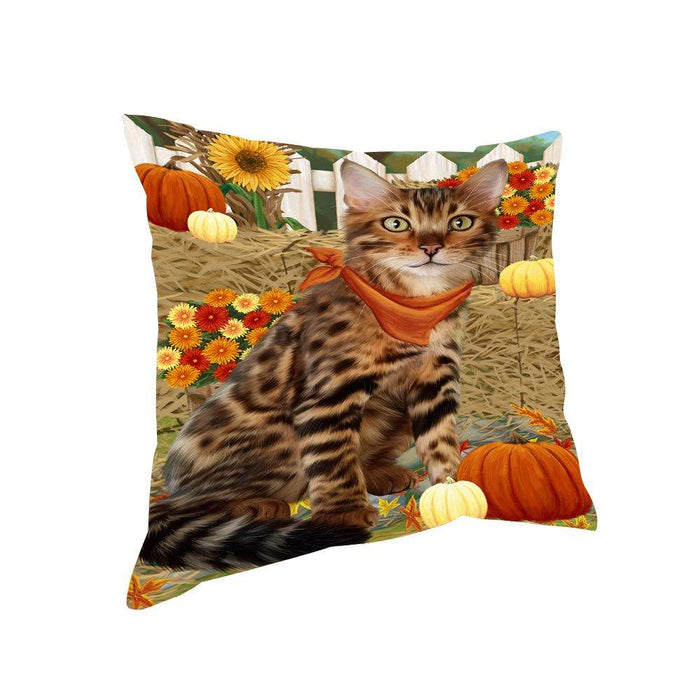 Fall Autumn Greeting Bengal Cat with Pumpkins Pillow PIL65372