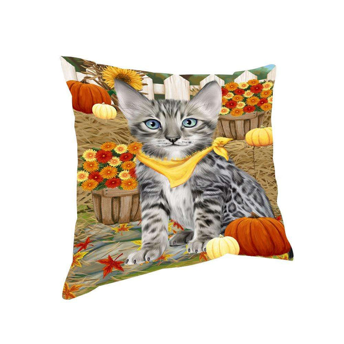 Fall Autumn Greeting Bengal Cat with Pumpkins Pillow PIL65376
