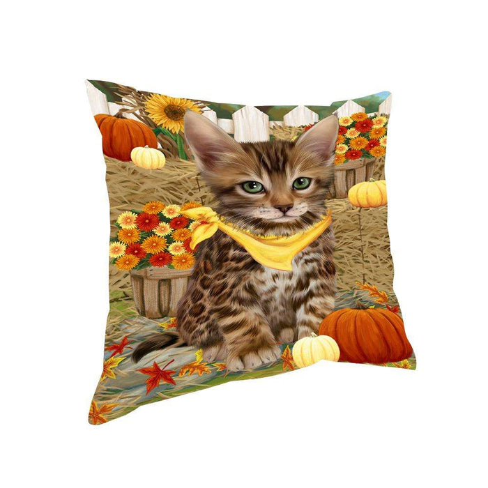 Fall Autumn Greeting Bengal Cat with Pumpkins Pillow PIL65380