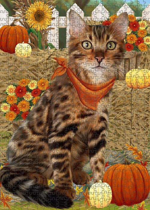Fall Autumn Greeting Bengal Cat with Pumpkins Puzzle with Photo Tin PUZL60843
