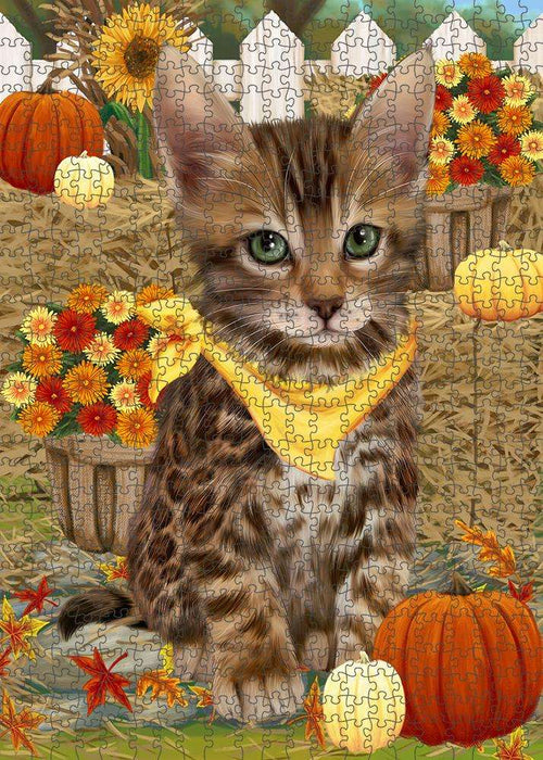 Fall Autumn Greeting Bengal Cat with Pumpkins Puzzle with Photo Tin PUZL60849