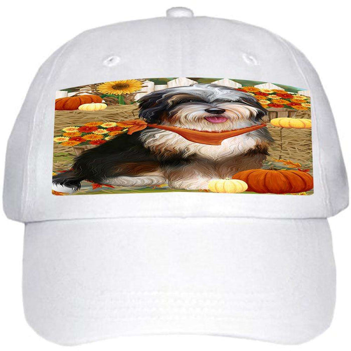 Fall Autumn Greeting Bernedoodle Dog with Pumpkins Ball Hat Cap HAT56178