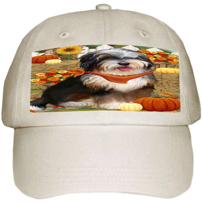 Fall Autumn Greeting Bernedoodle Dog with Pumpkins Ball Hat Cap HAT56178
