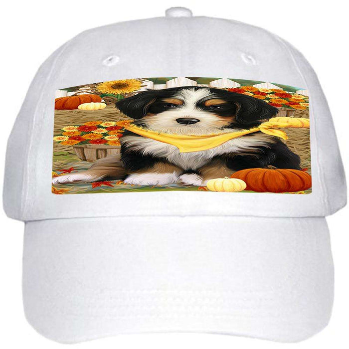 Fall Autumn Greeting Bernedoodle Dog with Pumpkins Ball Hat Cap HAT56181