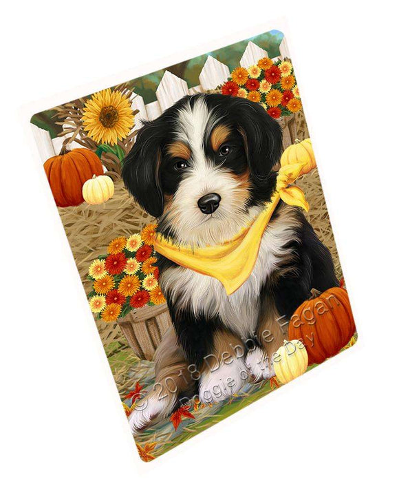 Fall Autumn Greeting Bernedoodle Dog with Pumpkins Cutting Board C56472