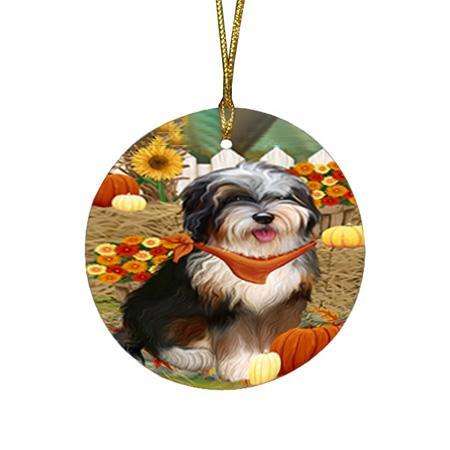 Fall Autumn Greeting Bernedoodle Dog with Pumpkins Round Flat Christmas Ornament RFPOR50794