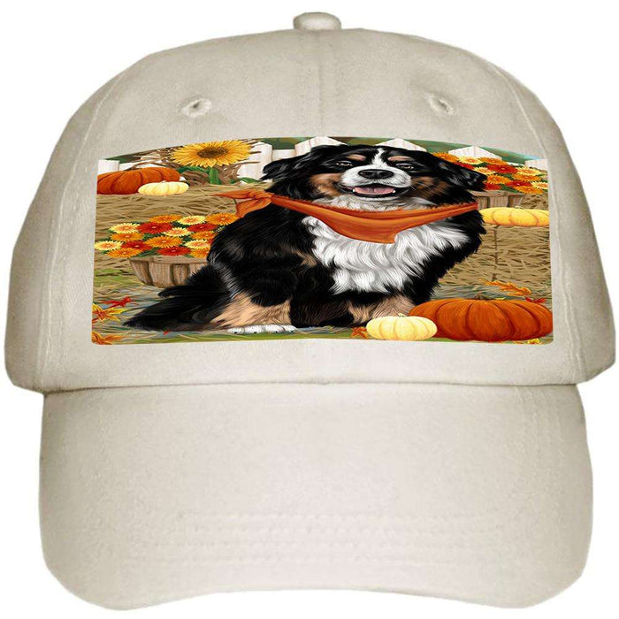 Fall Autumn Greeting Bernese Mountain Dog with Pumpkins Ball Hat Cap HAT55788
