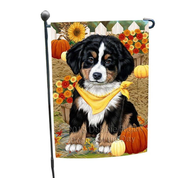 Fall Autumn Greeting Bernese Mountain Dog with Pumpkins Garden Flag GFLG0567