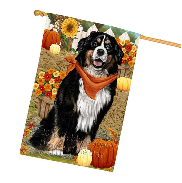 Fall Autumn Greeting Bernese Mountain Dog with Pumpkins House Flag FLG50702