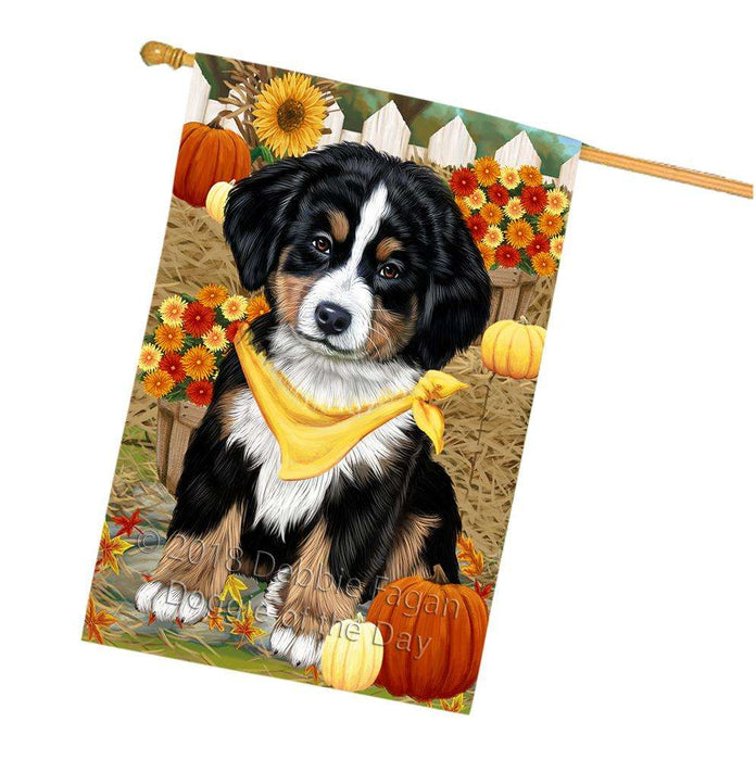 Fall Autumn Greeting Bernese Mountain Dog with Pumpkins House Flag FLG50703