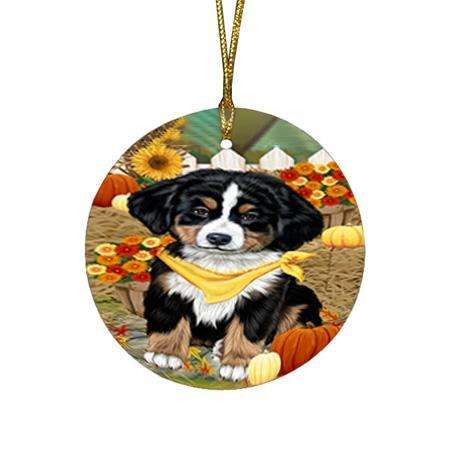 Fall Autumn Greeting Bernese Mountain Dog with Pumpkins Round Flat Christmas Ornament RFPOR50665