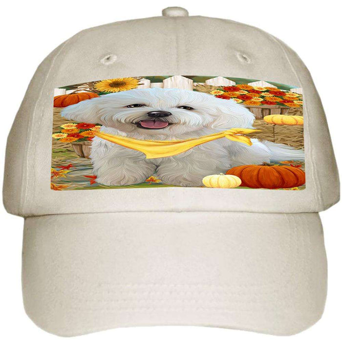 Fall Autumn Greeting Bichon Frise Dog with Pumpkins Ball Hat Cap HAT55797