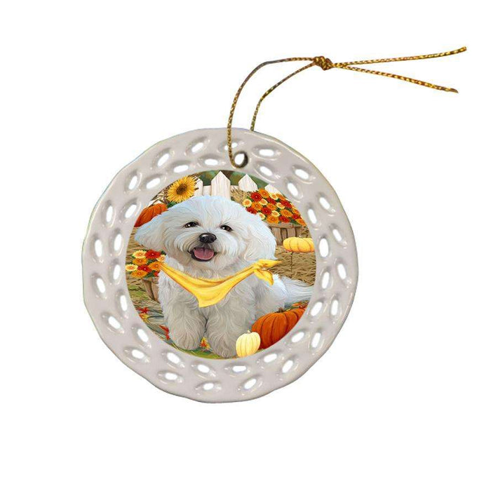Fall Autumn Greeting Bichon Frise Dog with Pumpkins Ceramic Doily Ornament DPOR50676