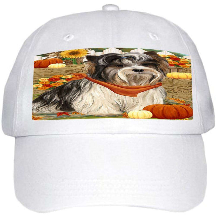 Fall Autumn Greeting Biewer Terrier Dog with Pumpkins Ball Hat Cap HAT60657