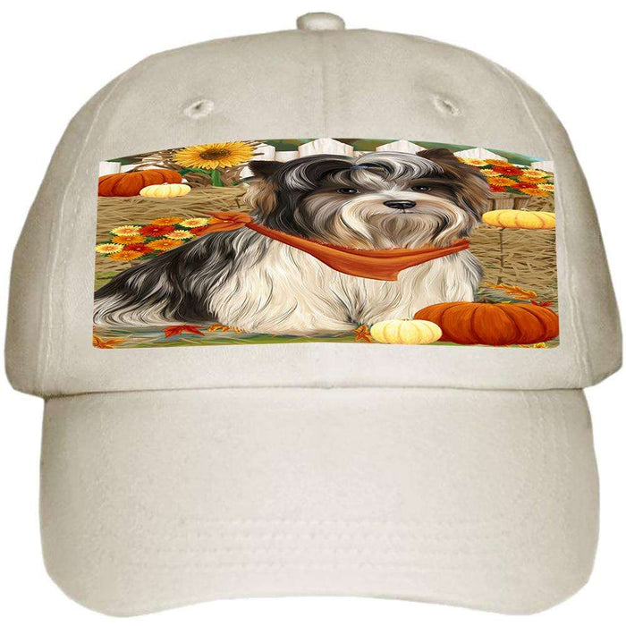 Fall Autumn Greeting Biewer Terrier Dog with Pumpkins Ball Hat Cap HAT60657