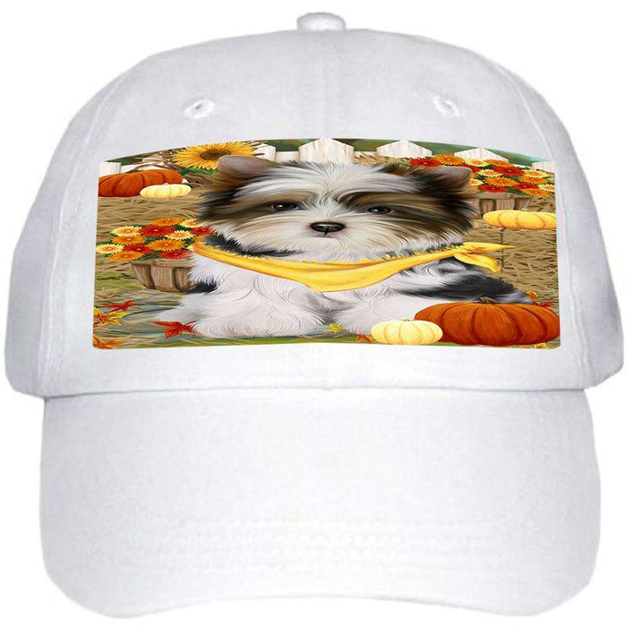 Fall Autumn Greeting Biewer Terrier Dog with Pumpkins Ball Hat Cap HAT60660