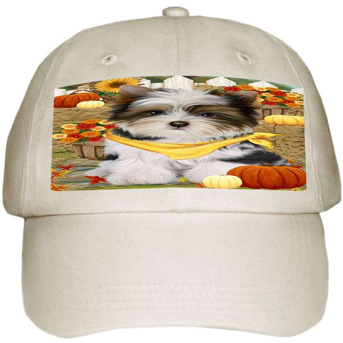 Fall Autumn Greeting Biewer Terrier Dog with Pumpkins Ball Hat Cap HAT60660