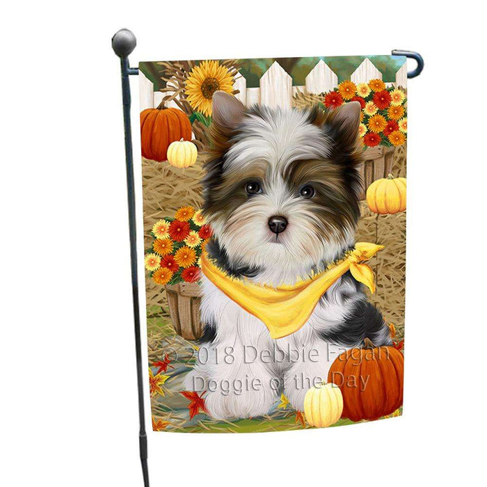 Fall Autumn Greeting Biewer Terrier Dog with Pumpkins Garden Flag GFLG52254