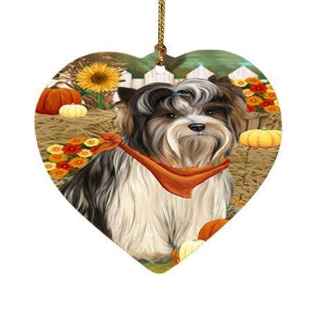 Fall Autumn Greeting Biewer Terrier Dog with Pumpkins Heart Christmas Ornament HPOR52308