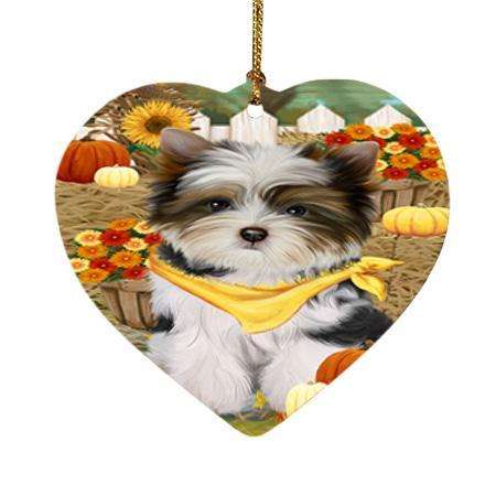 Fall Autumn Greeting Biewer Terrier Dog with Pumpkins Heart Christmas Ornament HPOR52309
