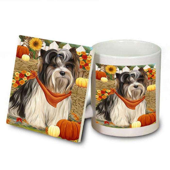 Fall Autumn Greeting Biewer Terrier Dog with Pumpkins Mug and Coaster Set MUC52300