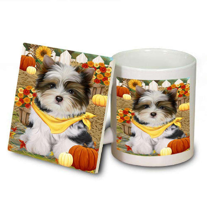 Fall Autumn Greeting Biewer Terrier Dog with Pumpkins Mug and Coaster Set MUC52301