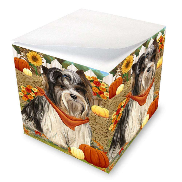 Fall Autumn Greeting Biewer Terrier Dog with Pumpkins Note Cube NOC52308