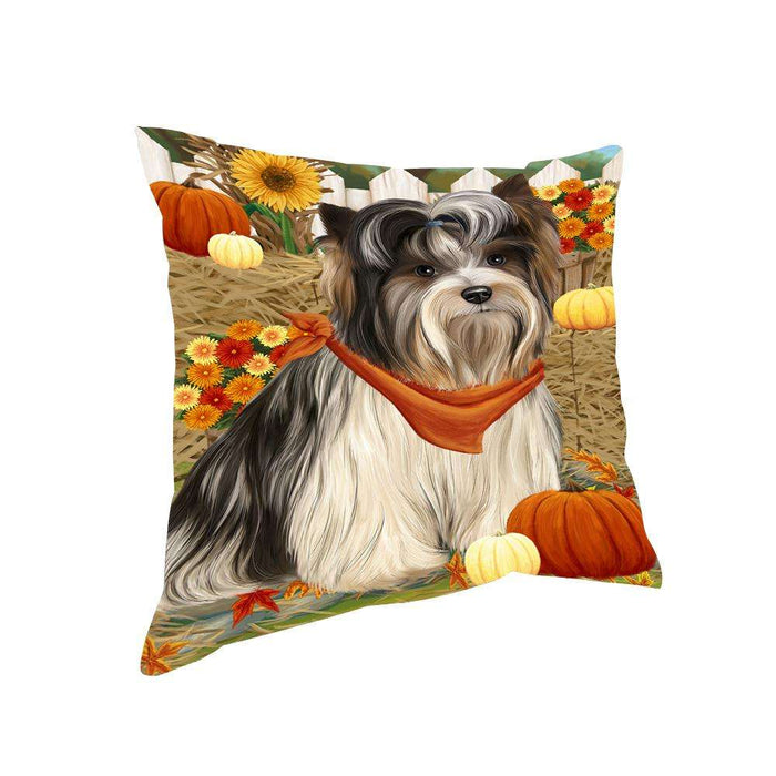 Fall Autumn Greeting Biewer Terrier Dog with Pumpkins Pillow PIL65388