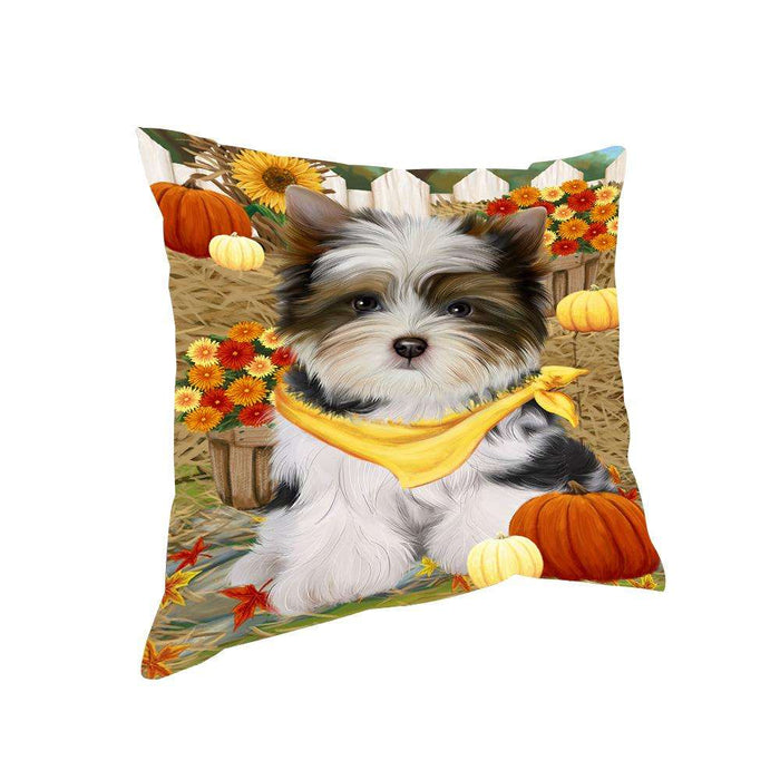 Fall Autumn Greeting Biewer Terrier Dog with Pumpkins Pillow PIL65392