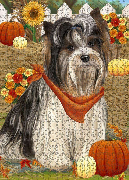 Fall Autumn Greeting Biewer Terrier Dog with Pumpkins Puzzle with Photo Tin PUZL60855