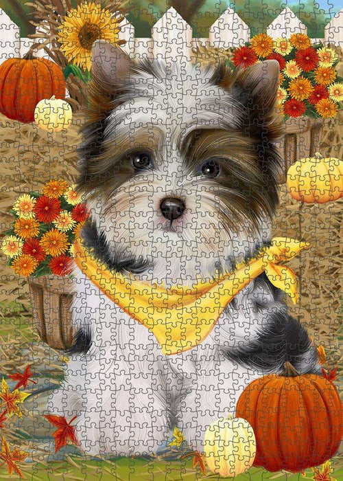 Fall Autumn Greeting Biewer Terrier Dog with Pumpkins Puzzle with Photo Tin PUZL60858