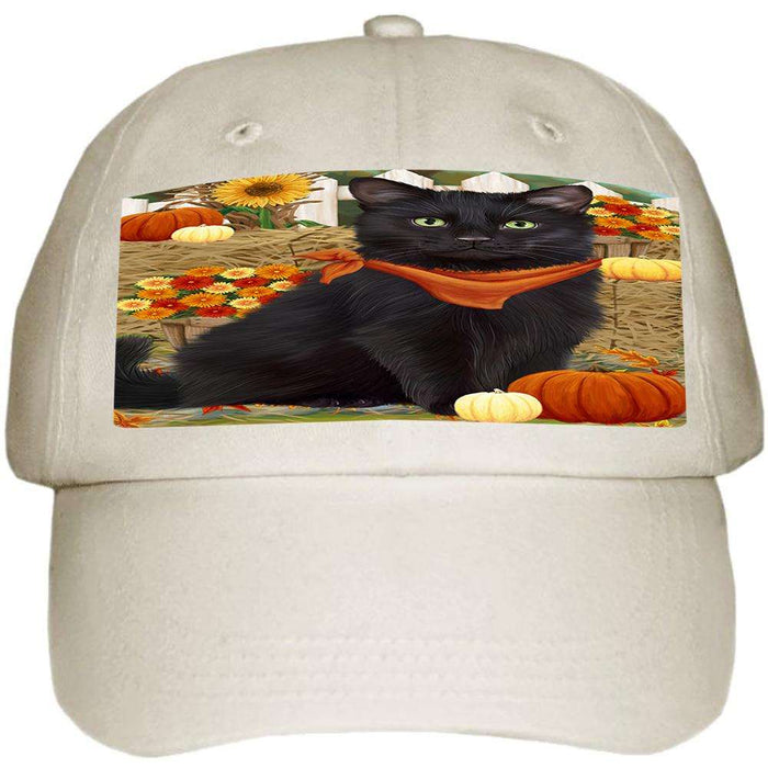 Fall Autumn Greeting Black Cat with Pumpkins Ball Hat Cap HAT60663