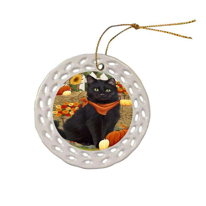 Fall Autumn Greeting Black Cat with Pumpkins Ceramic Doily Ornament DPOR52310