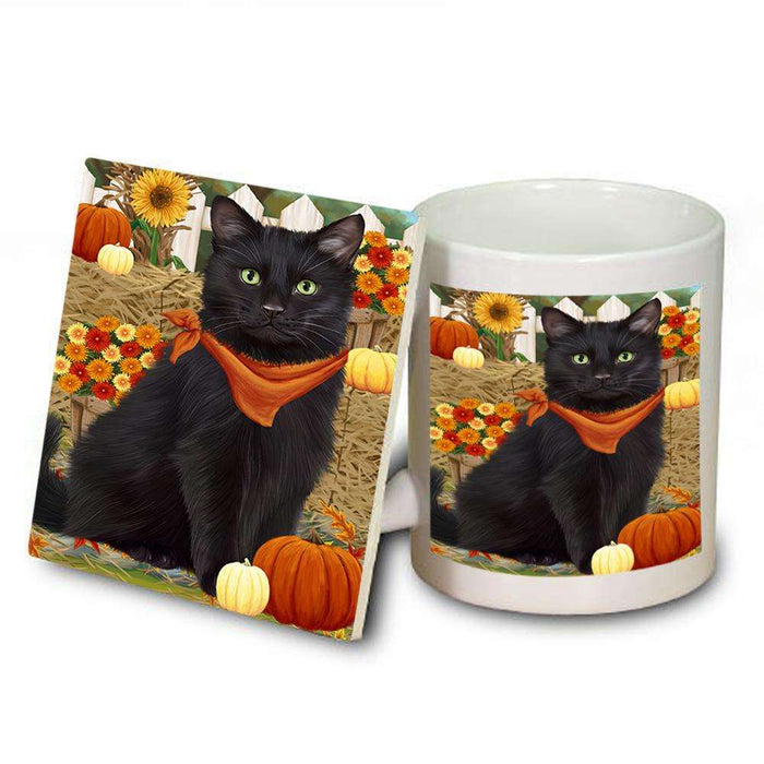 Fall Autumn Greeting Black Cat with Pumpkins Mug and Coaster Set MUC52302