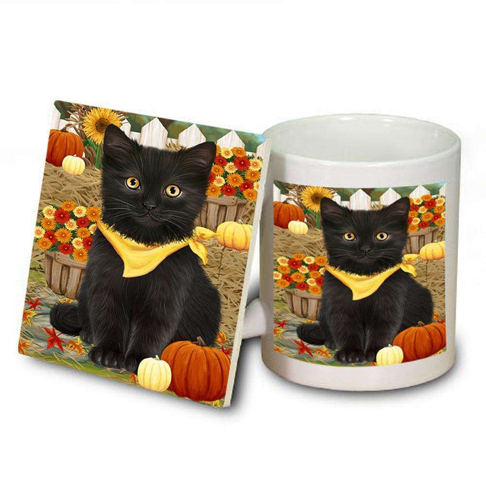 Fall Autumn Greeting Black Cat with Pumpkins Mug and Coaster Set MUC52303