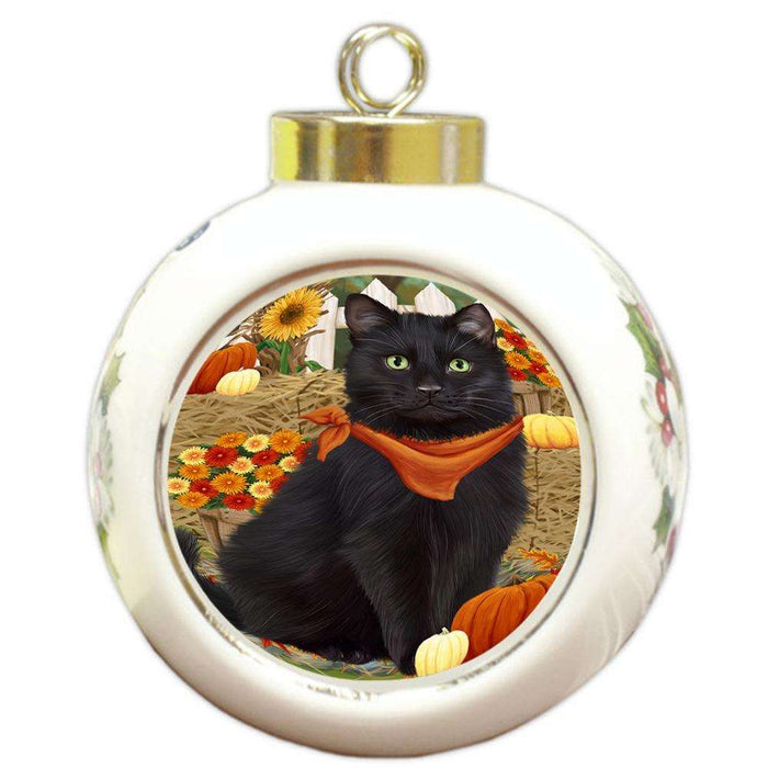 Fall Autumn Greeting Black Cat with Pumpkins Round Ball Christmas Ornament RBPOR52310
