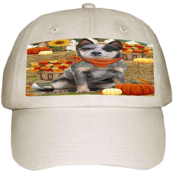 Fall Autumn Greeting Blue Heeler Dog with Pumpkins Ball Hat Cap HAT60669