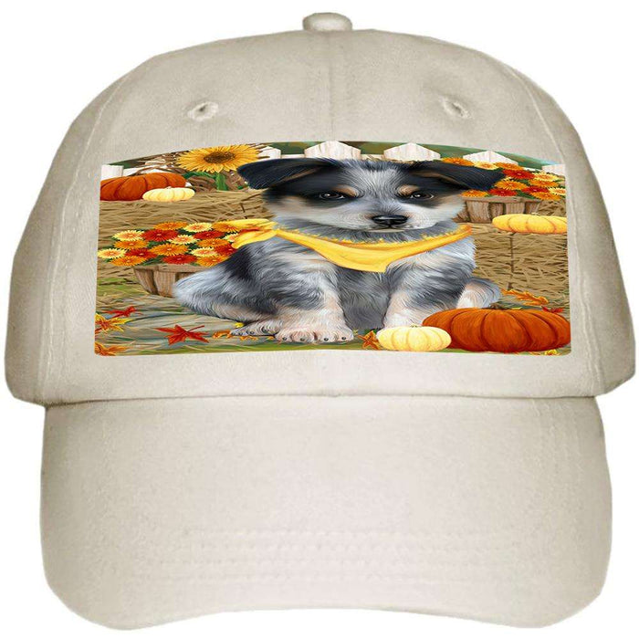 Fall Autumn Greeting Blue Heeler Dog with Pumpkins Ball Hat Cap HAT60675