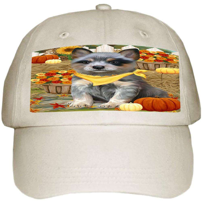 Fall Autumn Greeting Blue Heeler Dog with Pumpkins Ball Hat Cap HAT60678