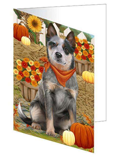 Fall Autumn Greeting Blue Heeler Dog with Pumpkins Handmade Artwork Assorted Pets Greeting Cards and Note Cards with Envelopes for All Occasions and Holiday Seasons GCD60965