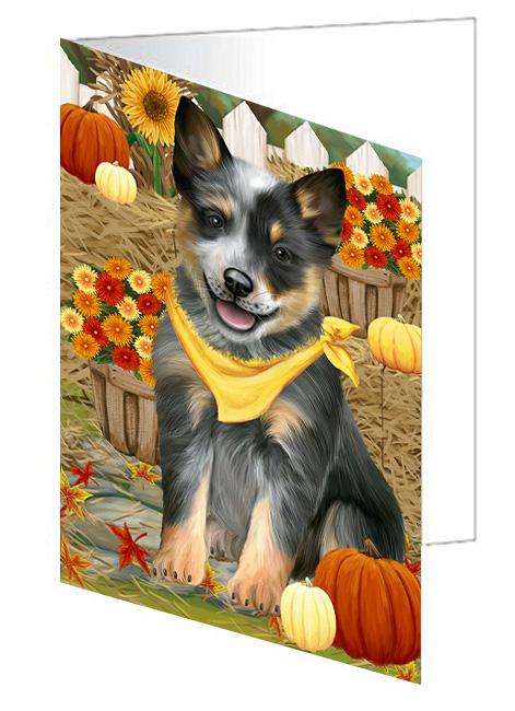 Fall Autumn Greeting Blue Heeler Dog with Pumpkins Handmade Artwork Assorted Pets Greeting Cards and Note Cards with Envelopes for All Occasions and Holiday Seasons GCD60968