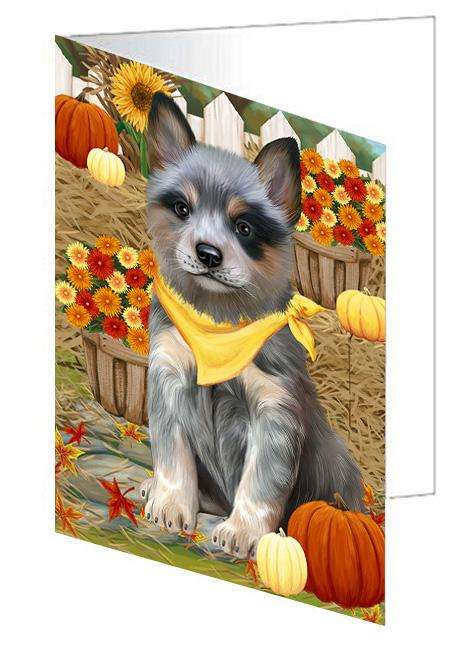 Fall Autumn Greeting Blue Heeler Dog with Pumpkins Handmade Artwork Assorted Pets Greeting Cards and Note Cards with Envelopes for All Occasions and Holiday Seasons GCD60974